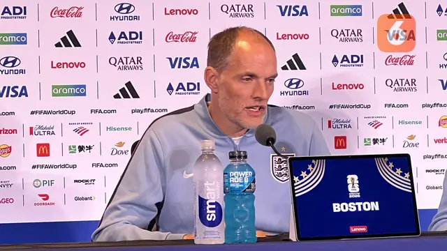Konferensi pers Timnas Inggris di Boston, Amerika Serikat, Senin (22/6/2026), yang dihadiri Thomas Tuchel dan Declan Rice