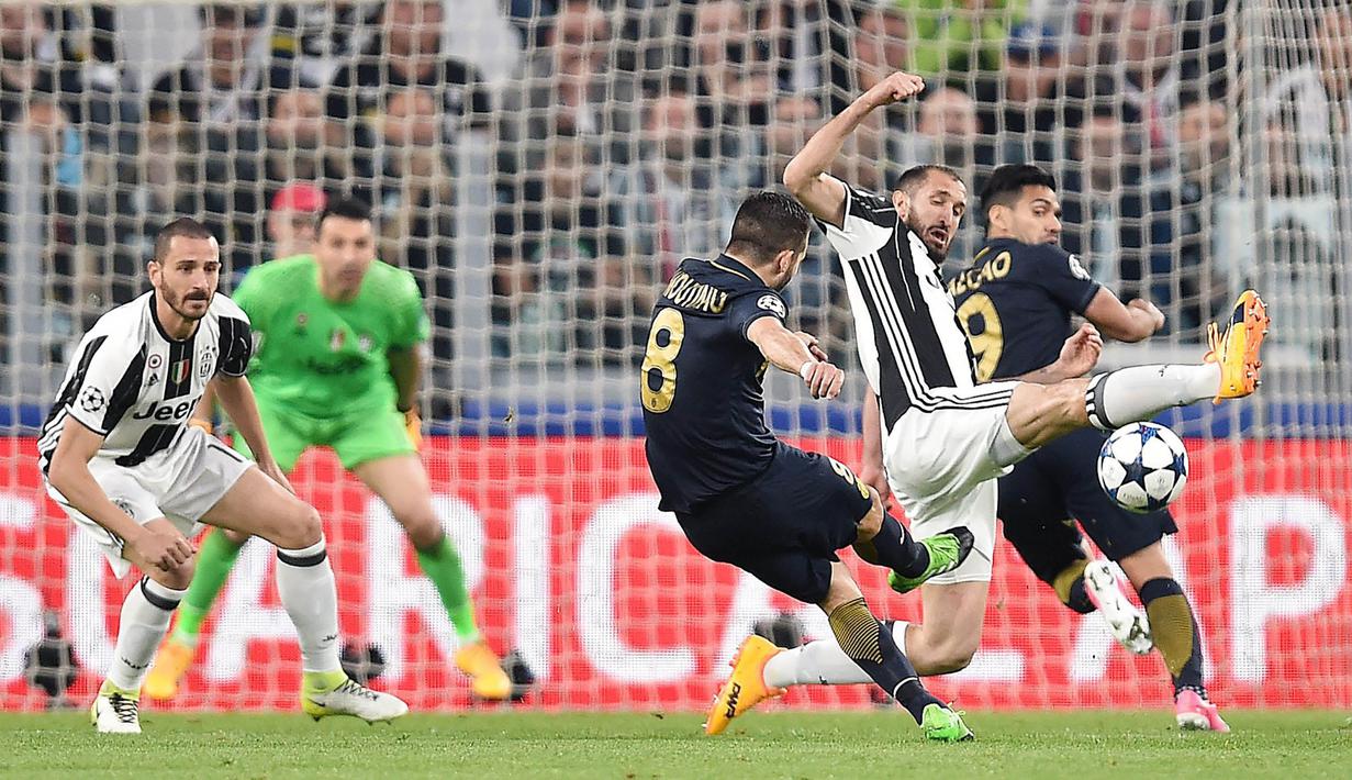 Bek Juventus, Giorgio Chiellini, berusaha menghadang tendangan gelandang AS Monaco, Joao Moutinho. AS Monaco mendominasi pertandingan dengan penguasaan bola hingga 51 persen sementara Juventus 49 persen.  (EPA/Alessandro Di Marco)