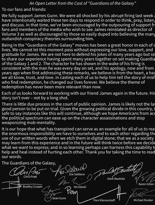 "Meskipun aku tak setuju dengan lelucon tidak pantas James Gunn yang dibuat beberapa tahun lalu, ia adalah pria yang baik," tulis Chris Pratt di akun Instagram pribadinya. (instagram/prattprattpratt)