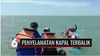 Polisi menyelamatkan anak buah kapal ikan di tengah laut perairan Indramayu, Jawa Barat. Anak buah kapal ikan terombang ambing di atas kapal yang terbalik usai dihantam gelombang tinggi.
