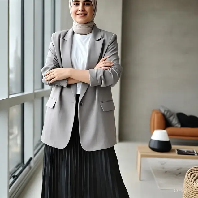 Mjslimah memakai A Line Skirt, T-Shirt, dan Oversized Blazer (Created by Meta AI)
