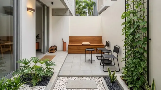 Teras Minimalis dengan Tembok Samping, Tanaman, dan Furnitur Multifungsi