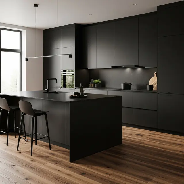 Dapur Minimalis Hitam dengan Sentuhan Kayu (Gemini AI)