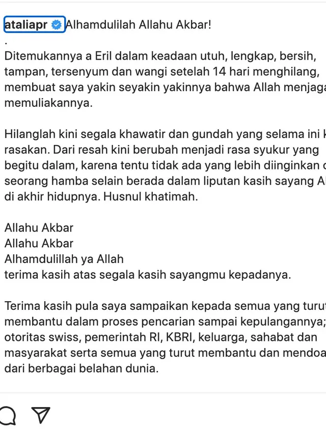 Unggahan istri Ridwan Kamil soal Eril. (Foto: Dok. Instagram @ataliapr)