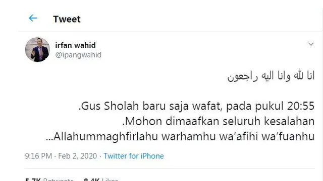 Unggahan Ipang Wahid di Twitter. (Foto: Dok. Twitter @ipangwahid)