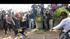 Anjing Polisi terlihat siap menyerang pendemo MK di kawasan patung kuda, Jakarta, Kamis (21/8/2014) (Liputan6.com/Miftahul Hayat)