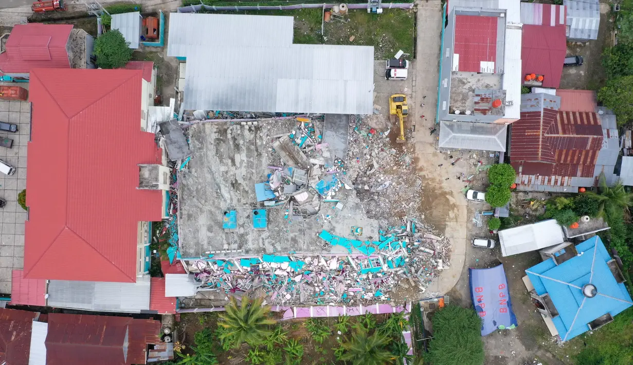 Foto udara menunjukkan kerusakan gedung RS Mitra Manakarra akibat gempa magnitudo 6,2 di Mamuju, Sulawesi Barat, Minggu (17/1/2021). Badan Nasional Penanggulan Bencana (BNPB) melaporkan korban tewas gempa di Sulawesi Barat hingga 16 Januari pukul 20.00 WIB mencapai 56 orang. (ADEK BERRY/AFP)