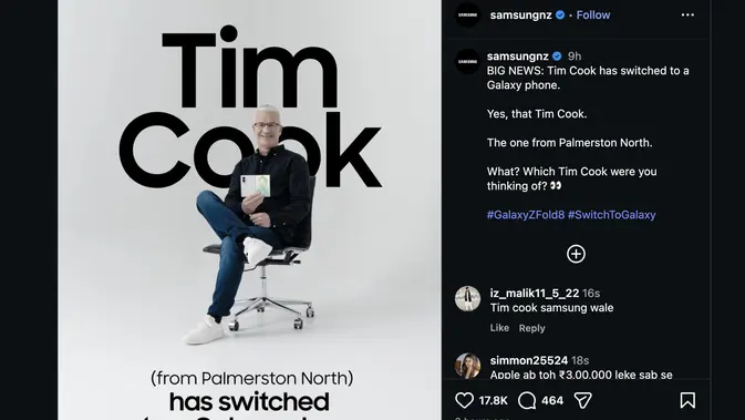 Samsung New Zealand pakai ‘Tim Cook’ untuk romosikan Galaxy Z Fold8. Credit: IG @samsungnz