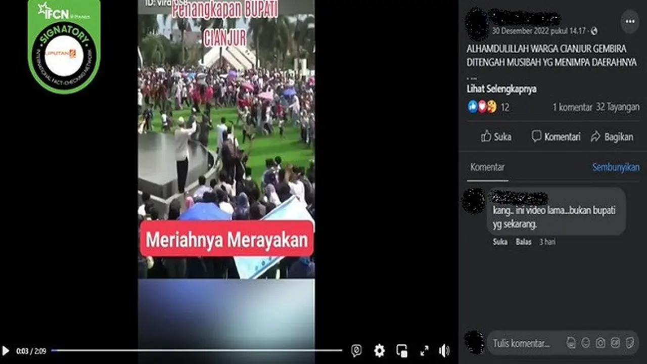 Gambar Tangkapan Layar Video yang Diklaim Warga Merayakan Penangkapan Bupati Cianjur, Herman Suherman terkait Kasus Korupsi Dana Bantuan Korban Gempa (sumber: Facebook).