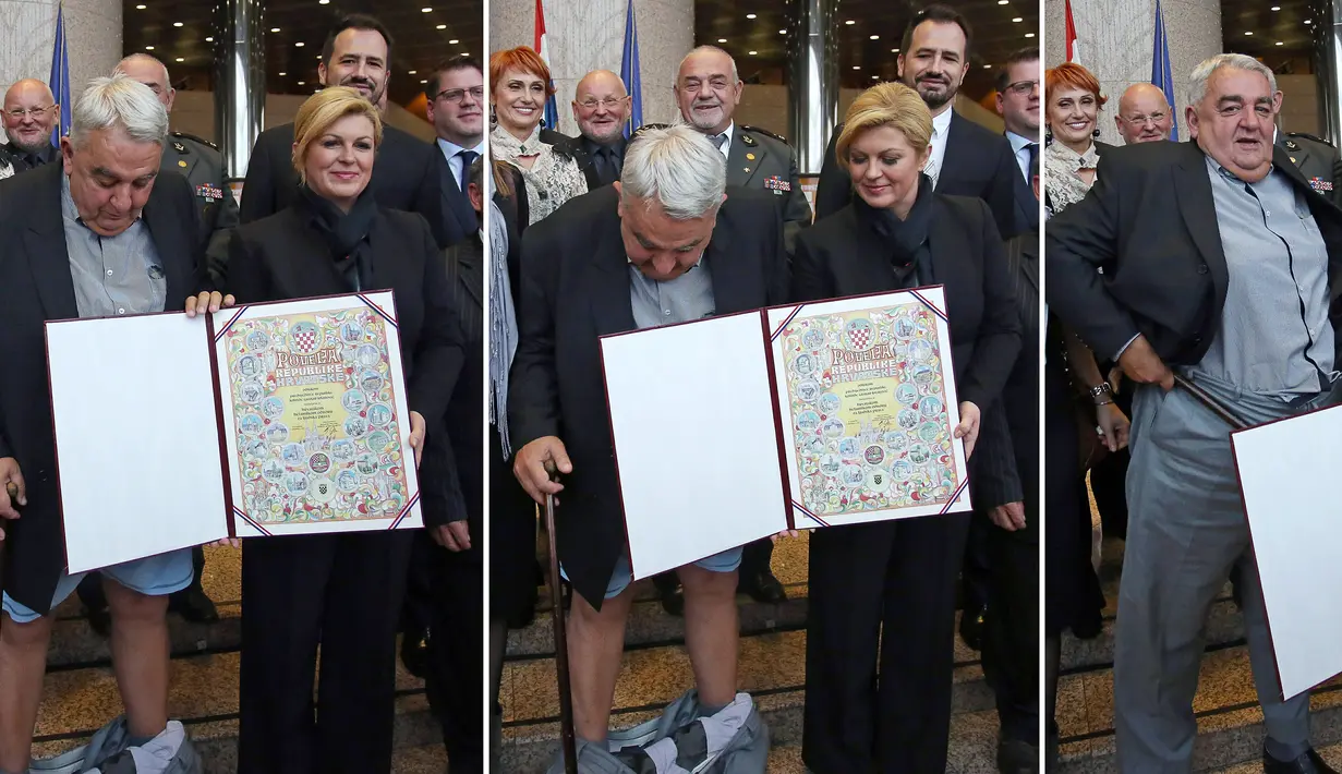 Kolase foto yang menunjukkan kejadian saat celana Kepala Komisi HAM Helsinki Kroasia, Ivan Zvonimir Cicak melorot tepat saat sesi foto dengan Presiden Kroasia Kolinda Grabar-Kitrarovic di Zagreb, Selasa (8/12). (STRINGER / AFP)