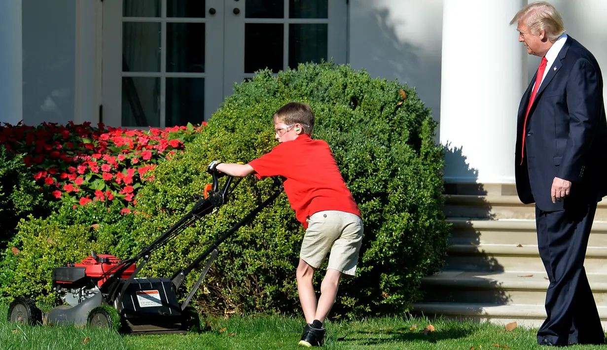 Presiden AS, Donald Trump melihat seorang anak laki-laki, Frank Giaccio mendorong mesin pemotong rumput di Rose Garden, Gedung Putih, Jumat (15/9). Bocah 11 tahun itu berada di Rose Garden setelah dirinya menulis surat kepada Trump. (Mike Theiler/AFP)