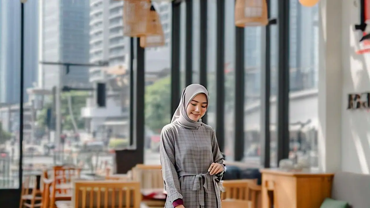 Outfit Gamis Kotak-Kotak Kombinasi Polos dan Tips Memilihnya/via Meta AI