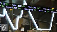 Pengunjung melintas di depan layar indeks harga saham gabungan di Bursa Efek Indonesia, Jakarta, Kamis (10/11). IHSG pada perdagangan Kamis, 10 November 2016, dibuka di teritori positif di level 5.444,04. (Liputan6.com/Angga Yuniar)