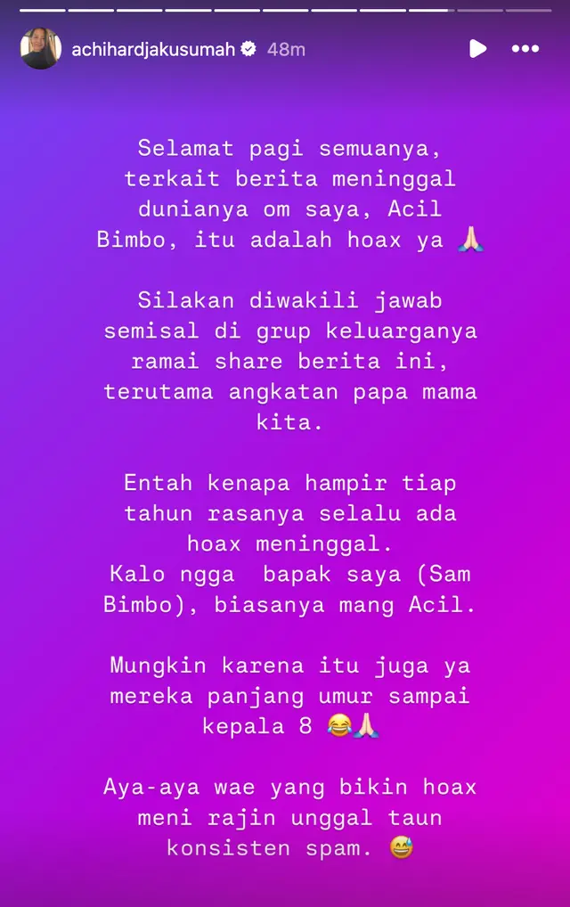 Acil Bimbo dikabarkan meninggal, begini klarifikasi dari pihak keluarga