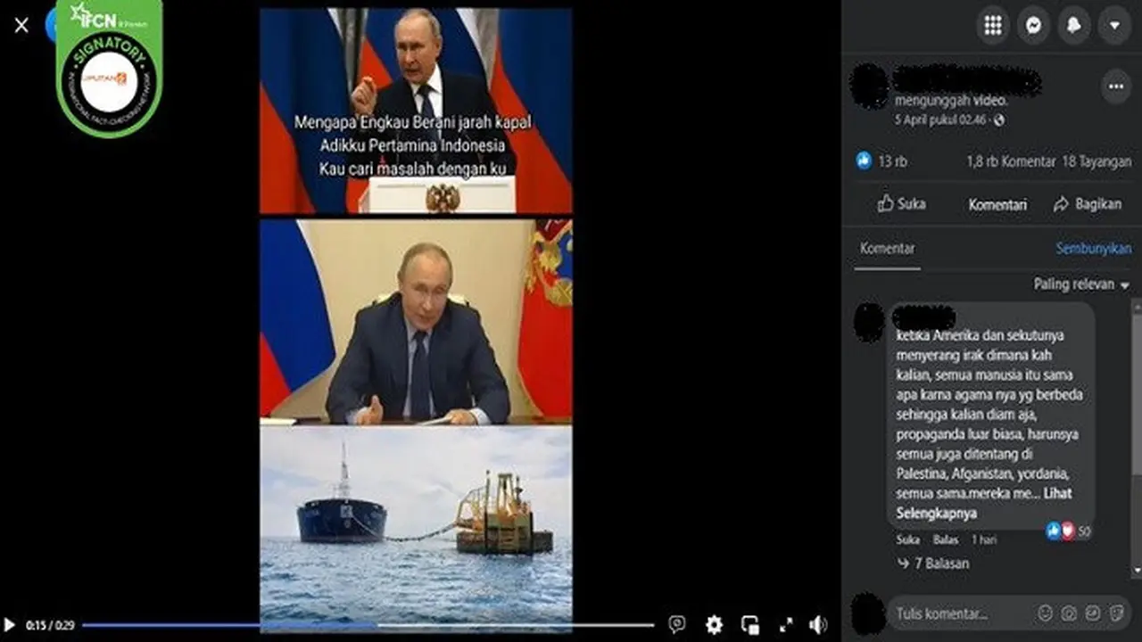 Gambar Tangkapan Layar Video yang DiklaimPresiden Rusia Vladimir Putin Marah karena Kapal Pertamina Dijarah oleh Denmark (sumber: Facebook).
