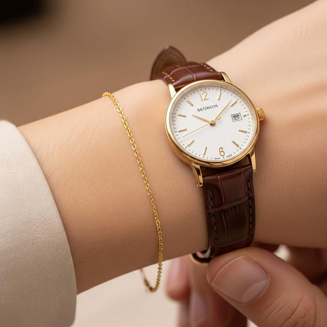 1. Gelang Rantai Emas Tipis dengan Jam Tangan Klasik Kulit Cokelat