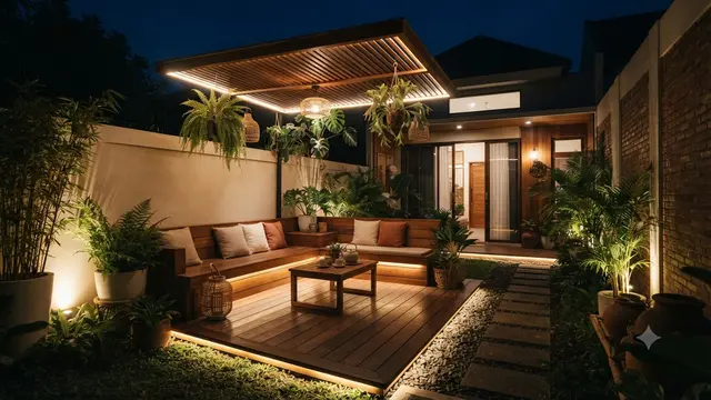Desain Outdoor Lounge Konsep Japandi untuk Rumah Kecil, Cara Maksimalkan Ruang dan Fungsinya Model Penerangan Tersembunyi untuk Susasana Terang