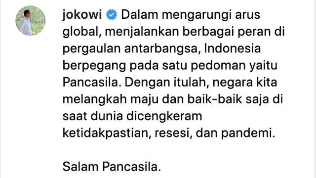 Unggahan Presiden Jokowi soal Hari Lahir Pancasila. (Foto: Dok. Instagram @jokowi)