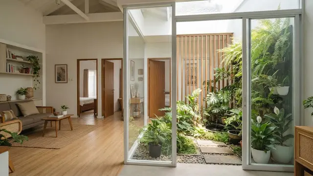Desain rumah 3 kamar yang tetap lega tanpa menambah luas bangunan model buat taman kecil di sisi rumah