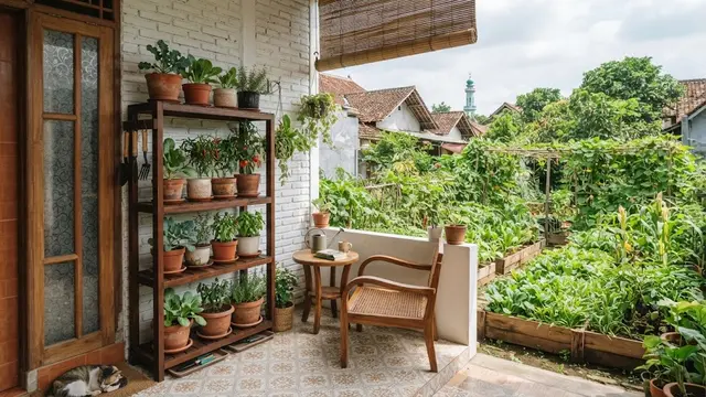 Ide teras minimalis menghadap kebun sayur organik di lahan sempit model rak tanaman di sudut