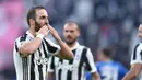 Gaya pemain Juventus, Gonzalo Higuain merayakan gol ke gawang Sassuolo pada lanjutan Serie A di Allianz Stadium, Turin (4/2/2018). Juventus menang 7-0. (Alessandro Di Marco/ANSA via AP)
