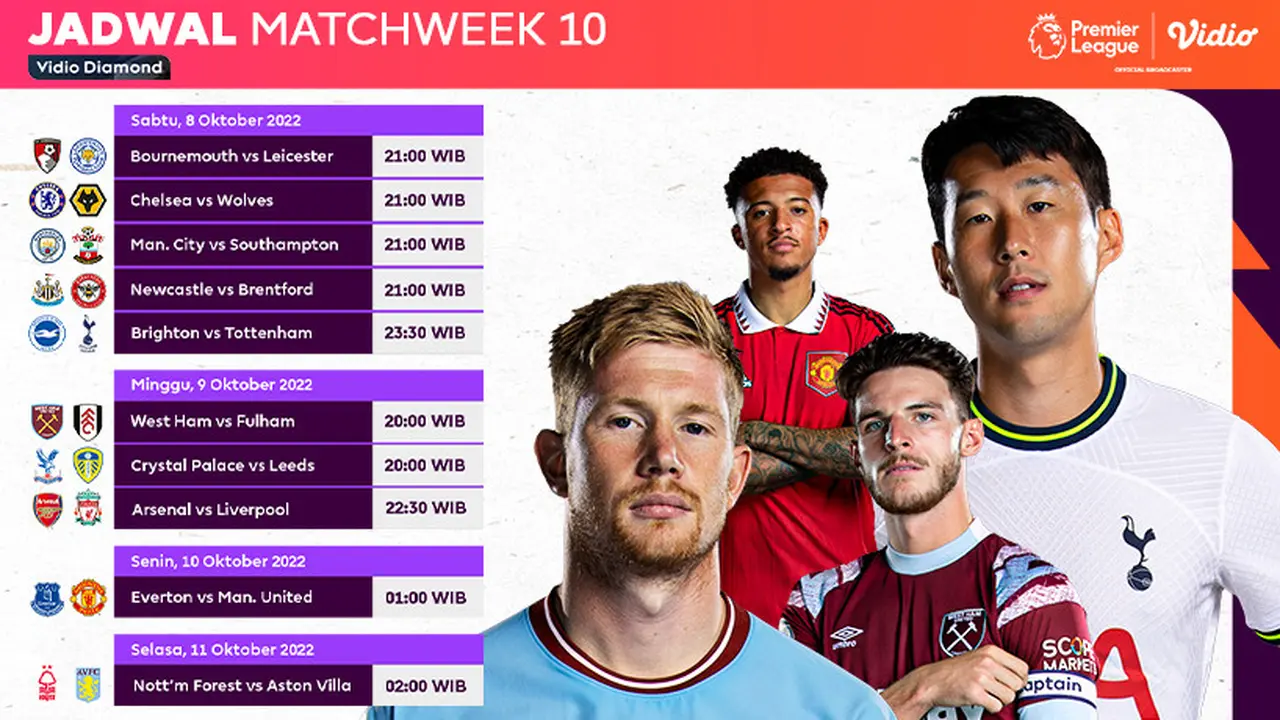 Jadwal Lengkap Liga Inggris Matchweek 10 Live  Vidio 8 sampai 11 Oktober Tersedia Big Match Arsenal Vs Liverpool