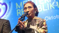 Mantan Menteri Kelautan dan Perikanan, Susi Pudjiastuti memberi sambutan saat acara Pisah Sambut Menteri Kelautan dan Perikanan di Jakarta, Rabu (23/10/2019). Susi digantikan Edhy Prabowo yang dipilih Presiden Jokowi di Kabinet Indonesia Maju periode 2019-2024. (Liputan6.com/Herman Zakharia)