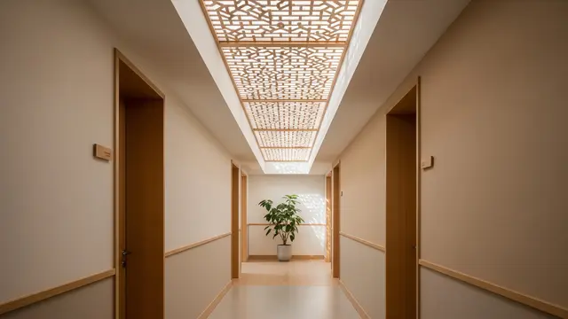 Lorong Japandi dengan Skylight dan Kisi Kayu