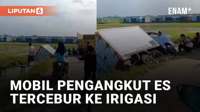 VIDEO: Tercebur ke Saluran Irigasi, Mobil Box Pengangkut Batu Es Alami Kecelakaan Tunggal