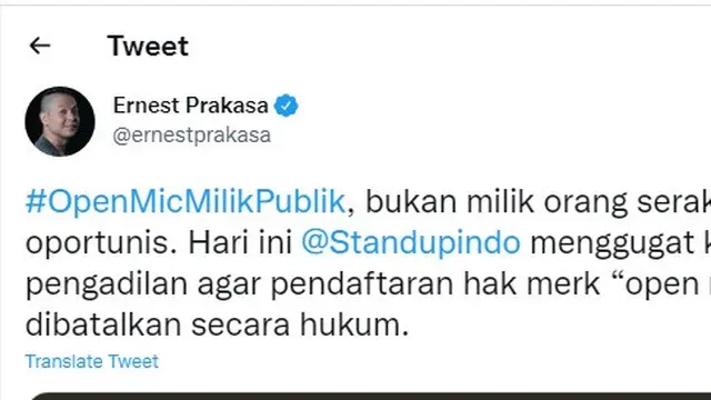Cuitan Ernest Prakasa terkait Open Mic (Foto: tangkapan layar Twitter)