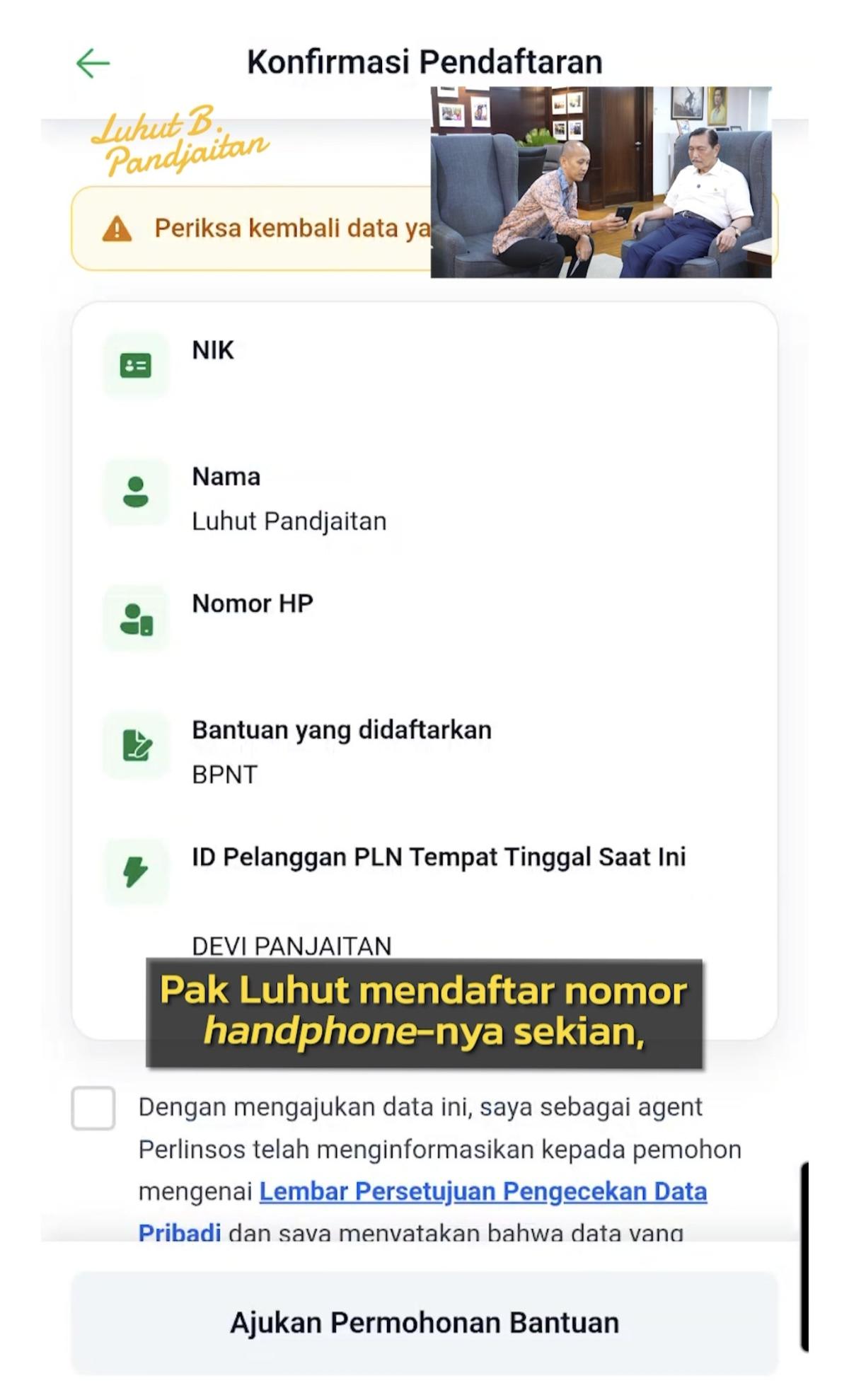 luhut coba aplikasi terima bansos
