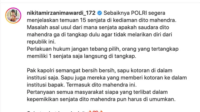 Cuitan Nikita Mirzani soal temuan 15 pucuk senjata api di rumah Dito Mahendra. (Foto: Dok. Instagram @nikitamirzanimawardi_172)