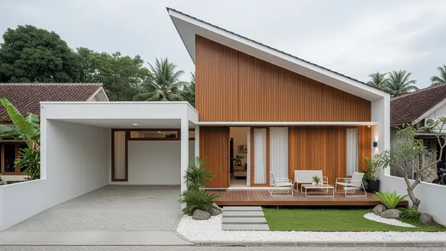 Desain Atap Miring dengan Teras Kayu Luas