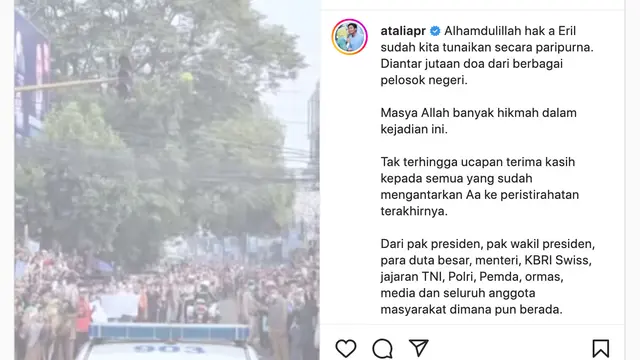 Unggahan Atalia Praratya soal pemakaman Eril. (Foto: Dok. Instagram @ataliapr)
