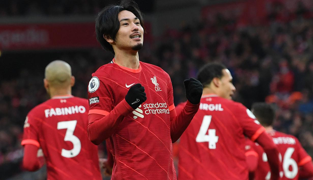 Takumi Minamino yang kini tengah menjalani musim kedua bersama AS Monaco di Ligue 1 tercatat total mencetak 6 gol di Premier League. Keenam gol tersebut dicetaknya dalam 40 laga bersama Liverpool dan Southampton selama 2,5 musim mulai tengah musim 2019/2020 hingga akhir musim 2021/2022. (AFP/Paul Ellis)