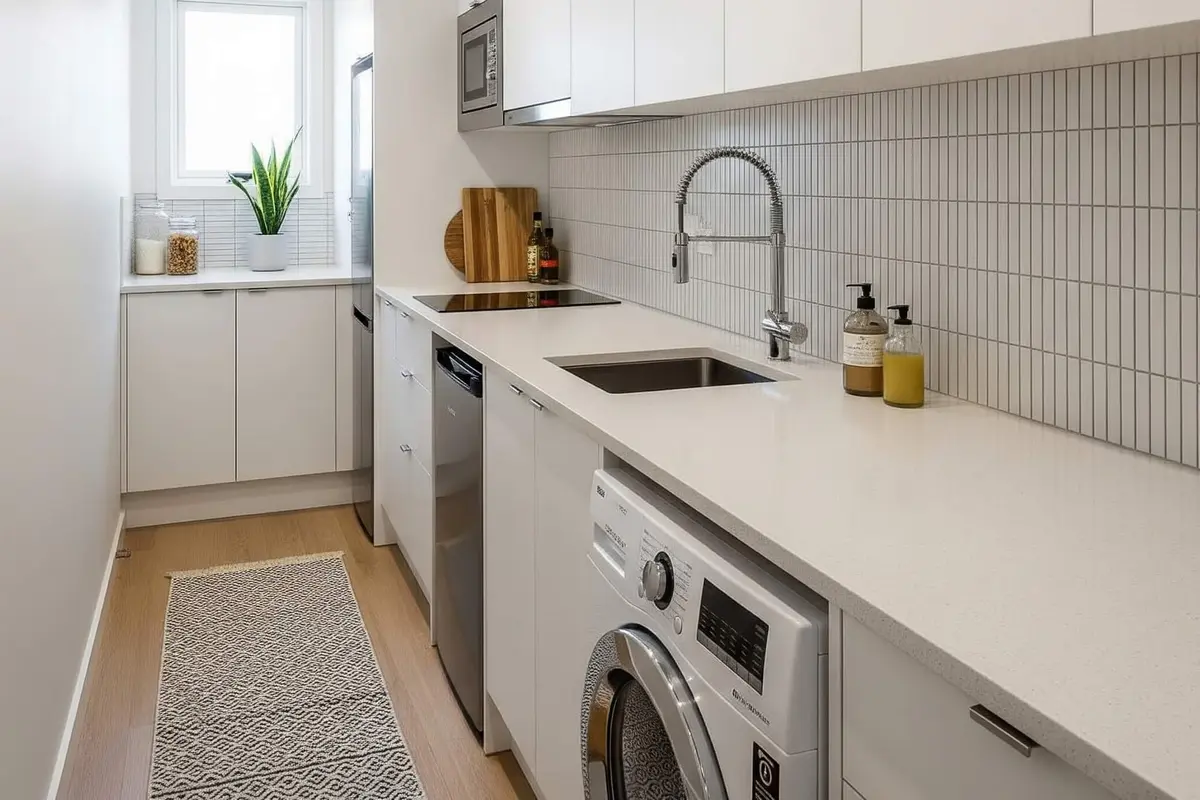 Desain Dapur Kecil dan Area Laundry dalam Satu Ruang