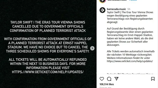 Pengumuman pembatalan konser Taylor Swift di Austria. (Instagram/ barracuda.music)