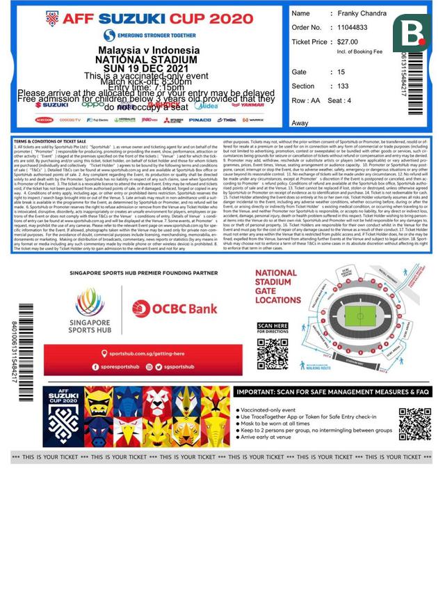 Tiket pertandingan digital Piala AFF 2020 antara Timnas Indonesia vs Malaysia. (Bola.com/Dok Pribadi Franky Chandra)