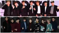 BTS dan EXO (Foto BTS: AFP / GUSTAVO CABALLERO / BBMA2017 / GETTY IMAGES NORTH AMERICA), (Foto EXO: AFP/PHILIPPE LOPEZ)