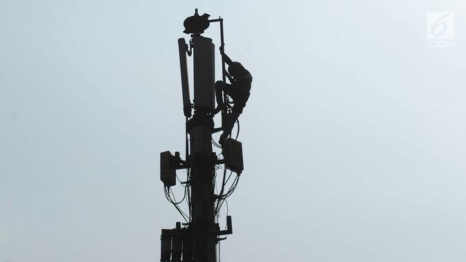 Teknisi melakukan pengecekan audit data jaringan 3G dan 4G pada tiang monopol di Jalan Diponegoro, Jakarta, Sabtu (24/8/2019). Selama ini, fasilitas internet yang disediakan pemerintah masih didominasi sinyal 3G. (merdeka.com/Imam Buhori)
