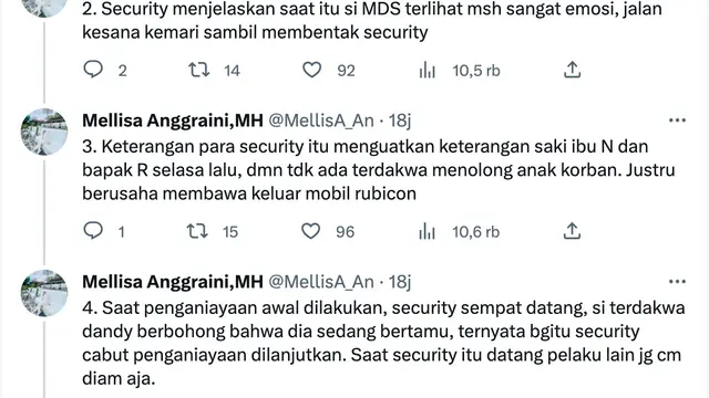 Pengacara David Ozora mengutip kesaksian 5 security atay petugas keamanan di TKP penganiayaan David Ozora dalam utas di Twitter, Kamis, 15 Juni 2023. (Foto: Dok. Twitter @MellisA_An)