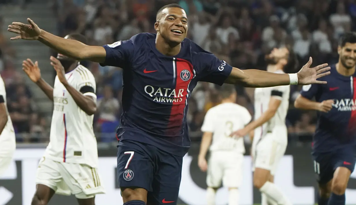 Gol-gol PSG dipersembahkan Kylian Mbappe (brace), Achraf Hakimi, dan Marco Asensio. (AP Photo/Laurent Cipriani)