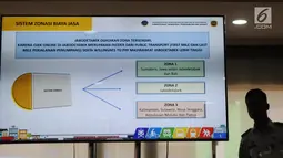 Layar monitor memperlihatkan sistem zonasi saat pengumuman tarif untuk ojek online (ojol) di Kementerian Perhubungan, Jakarta, Senin (25/3). Dalam ketentuan tarif ini, pemerintah melalui Direktorat Jenderal Perhubungan Darat Kemenhub)membaginya dalam tiga zona. (Liputan6.com/Herman Zakharia)