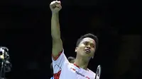 Pemain Indonesia, Anthony Ginting bermain gemilang saat menundukkan lawannya asal Korea Selatan pada semifinal Piala Thomas di Kunshan, China (20/5/2016). (Bola.com/PBSI)