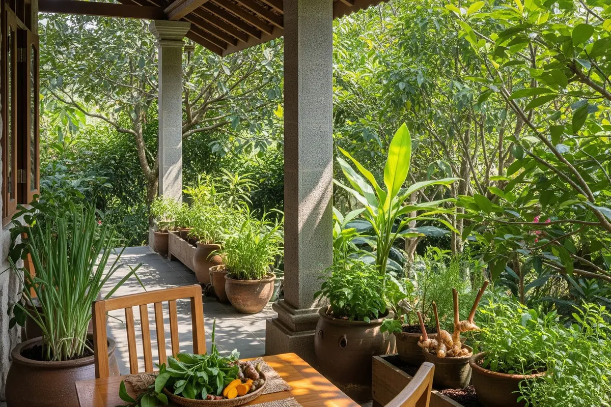Inspirasi Rumah dengan Kebun Pangan Mengelilingi Teras