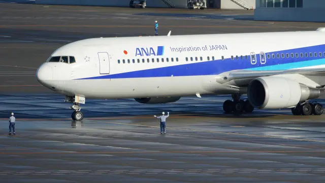 Pesawat charter yang membawa warga Jepang dari Wuhan, China, mendarat di bandara internasional Haneda di Tokyo, Rabu (29/1/2020).
