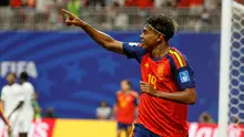 Pemain Spanyol Lamine Yamal berselebrasi setelah mencetak gol pembuka bagi timnya dalam laga Grup H Piala Dunia 2026 antara Spanyol vs Arab Saudi di Atlanta, Minggu, 21 Juni 2026. (AP Photo/Erik S.Lesser)