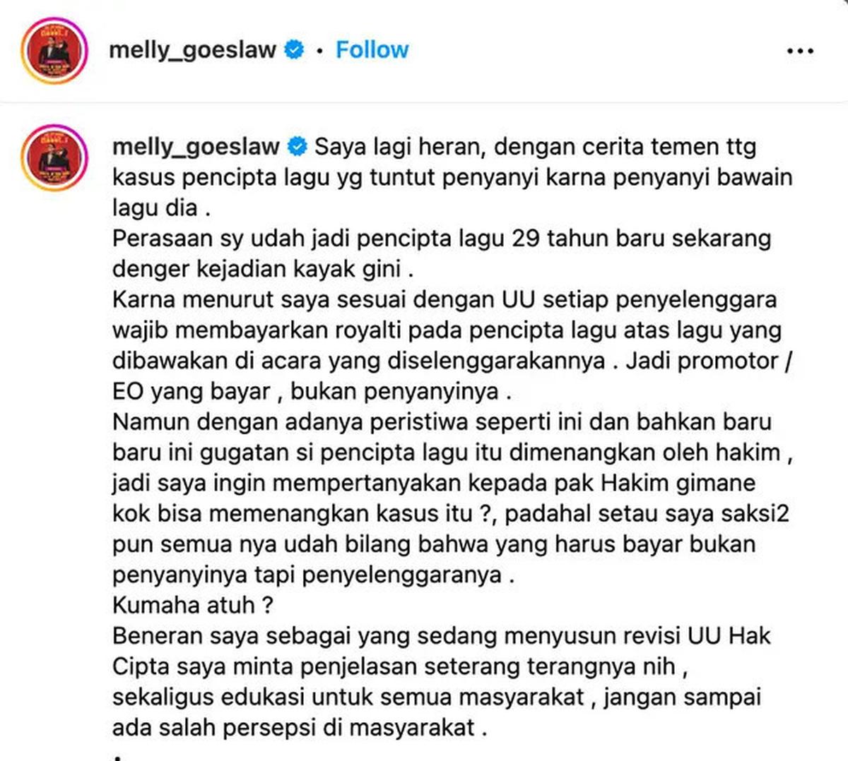 Melly Goeslaw Heran Agnez Mo Didenda Rp1,5 Miliar Akibat Lagu Bilang Saja, Pertanyakan Vonis Hakim