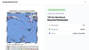 Gempa hari ini, Rabu (13/8/2025) sore hari pukul 15:07:14 WIB, terjadi di wilayah Kabupaten Maluku Tenggara, Provinsi Maluku. (www.bmkg.go.id)