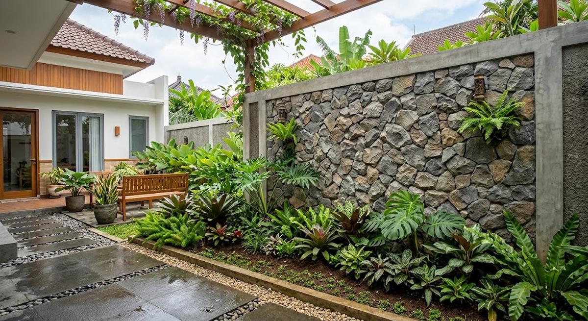 Model dinding belakang rumah dengan kombinasi batu alam dan tanaman model dengan tanaman di bagian bawah